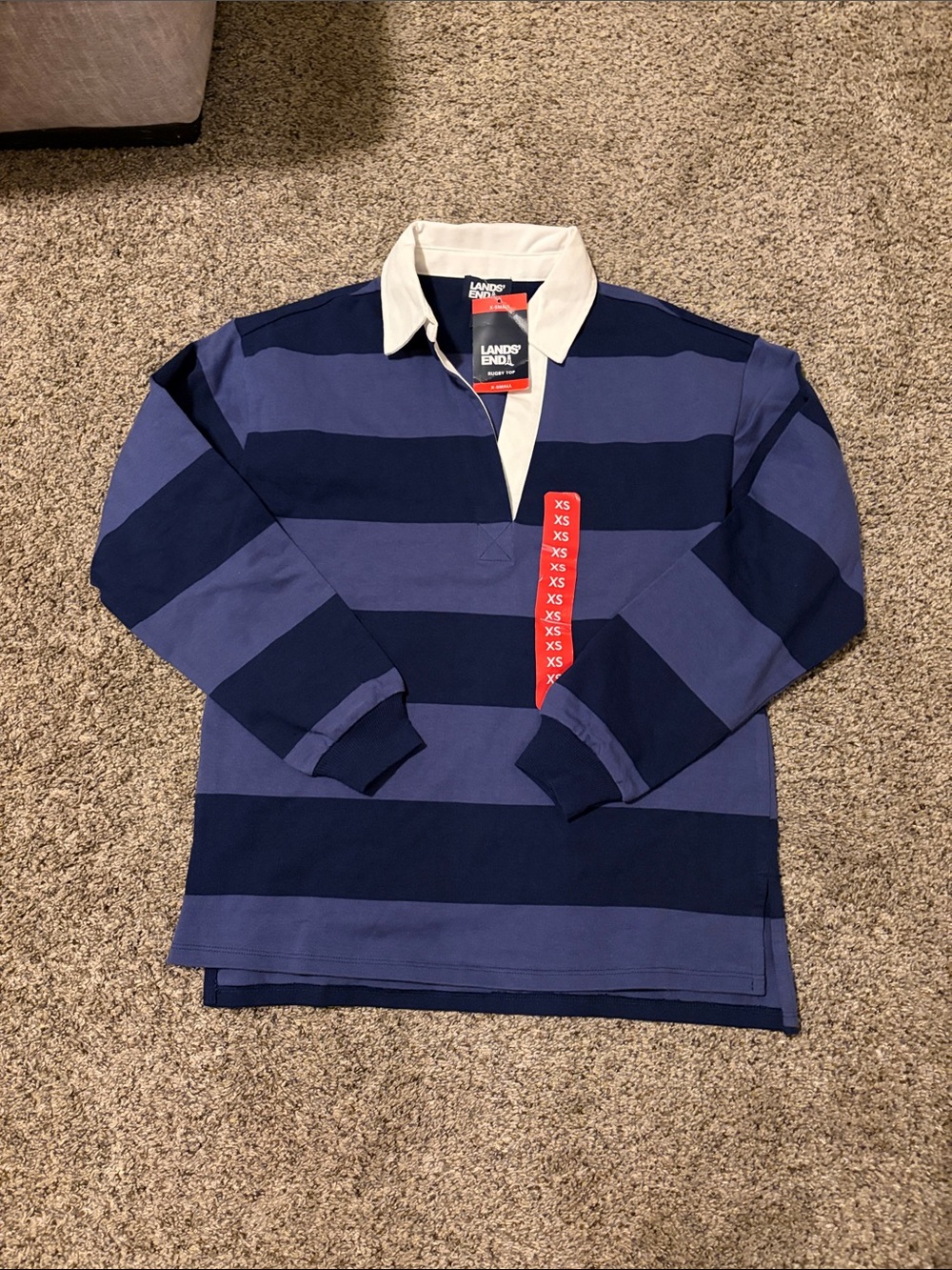 Lands' End Navy and Periwinkle Wide-Stripe Rugby Polo